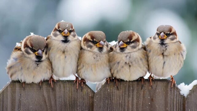 Group of fluffy sparrows sitting close together on a snowy wooden fence, winter day, cold weather, snowflakes on feathers, urban backyard, nature scene, wild birds, frost, outdoor environment