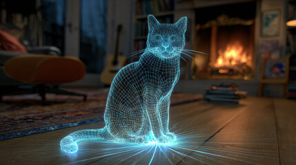 Glowing 3D wireframe hologram of cat with blue grid lines sitting in dim living room, futuristic digital concept visualization