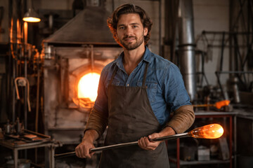 Craftsmanship artistry skill tradition creation precision A confident glassblower in a dim workshop shaping glowing glass at a hot furnace conveying focused pride and calm