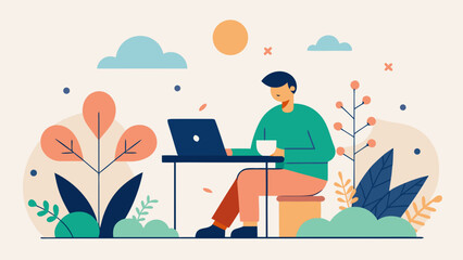 Man working on laptop with coffee cup at outdoor table surrounded by nature in flat style