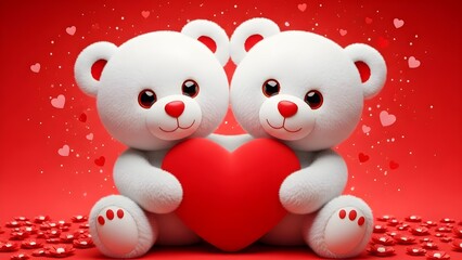Two adorable fluffy white teddy bears hugging a giant bright red heart against a vibrant red background symbolizing deep affection and romantic love for holidays.