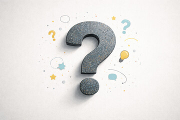 Curiosity question mark texture gray idea confusion A speckled question mark on a gray background surrounded by light bulb speech bubble and star symbols playful mood