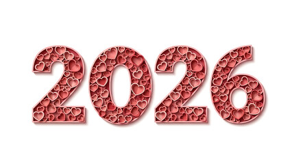 Romantic 2026 typography with pink hearts for Valentine's Day