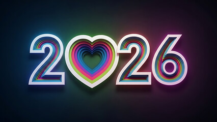 Vibrant 2026 heart symbol with neon colors on dark background