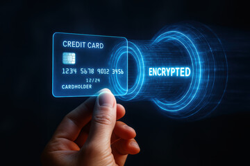 Encrypted credit card payment security cardholder secure transaction A glowing holographic credit card held over a blue data tunnel conveying secure payment and protected data