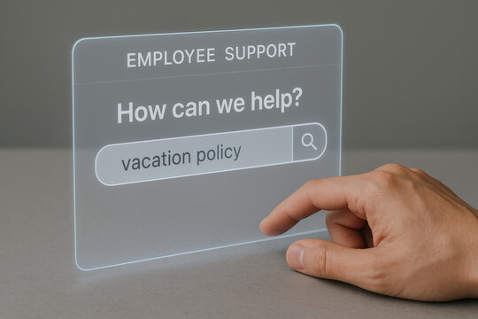 Employee support vacation policy search how can we help - Holographic HR help portal with a calm professional prompt inviting to ask about leave rules and benefit guidance