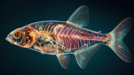 Fish x-ray showing skeleton and internal organs illuminated against dark background, transparent anatomical visualization