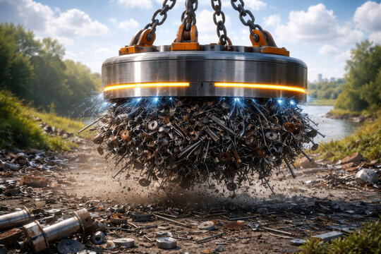 Electromagnet magnet scrap metal industrial cleaning Electromagnet lifting scrap metal over a riverbank with sparks and dust conveying heavy equipment recycling and urgent - Powered by Adobe