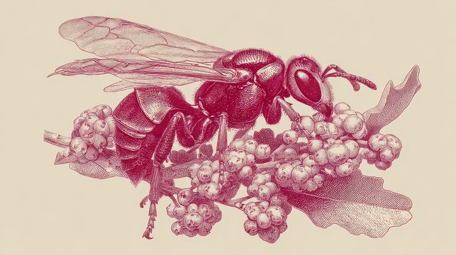 Vintage Illustration of Bee Pollinating Flowering Branch