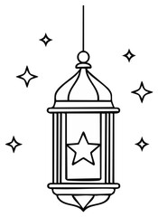 Hanging lantern with stars line art illustration for Islamic holiday decoration
