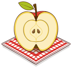 Cut Apple on Picnic Blanket Illustration, Red Fruit with Seeds and Green Leaf on Checkered Cloth