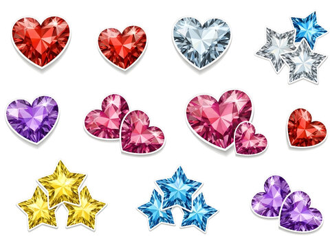 star and heart jewels sticker set isolated on white background
