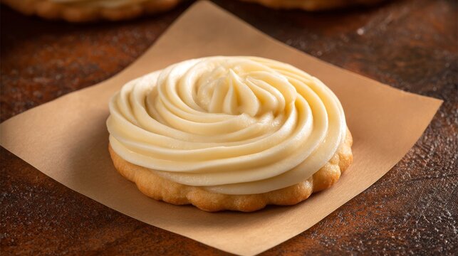 A meticulously sculpted pale butter cream icing swirl atop a golden baked cookie, presented on brown paper.