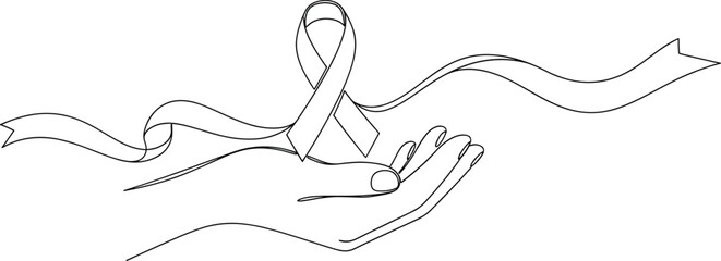 World Cancer Day February 4 Minimal Line Art Hand Holding Awareness Ribbon Illustration