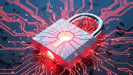 Digital security padlock glowing with intense red light and sparks erupting from its keyhole over a complex integrated circuit board background representing data protection concepts