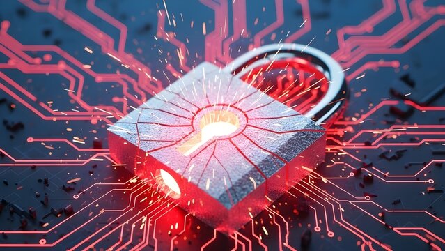 Digital security padlock glowing with intense red light and sparks erupting from its keyhole over a complex integrated circuit board background representing data protection concepts - Powered by Adobe