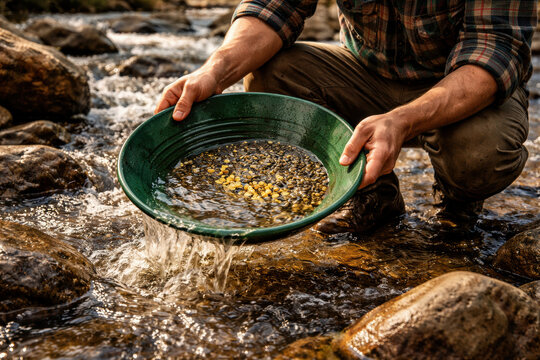 Gold pan river mining prospector hand panning for small gold nugget in a rocky stream focused and determined discovery in rugged outdoor setting with warm sunlight