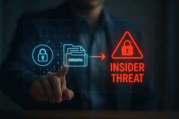 Insider threat confidential security breach alert cybersecurity A professional touches a holographic interface showing a confidential file moving to a red alert triangle conveying