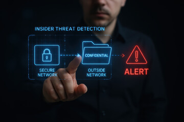 Insider threat detection secure network confidential alert Professional hand pointing at holographic cybersecurity showing confidential file moved to outside network with red
