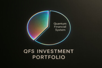 Investment portfolio qfs quantum A minimal holographic pie chart visualizes a futuristic financial system concept for asset allocation and wealth management conveying confidence