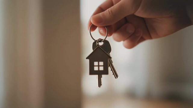 A person holding the keys to a new home on a house shaped keyring. Real estate concept for buying property, mortgage, or renting an apartment. Panoramic web banner with copy space