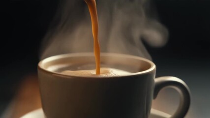 Pouring hot espresso coffee into a mug shown in three sequential frames. A close up of the steaming beverage with rich crema forming. Morning ritual and caffeine boost concept