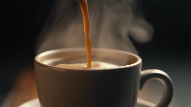 Pouring hot espresso coffee into a mug shown in three sequential frames. A close up of the steaming beverage with rich crema forming. Morning ritual and caffeine boost concept