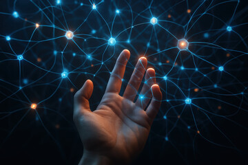 Neural network ai hand connection synapse an outstretched hand reaching toward a glowing hologram web node light and pulsing lines evoking wonder and technological curiosity|