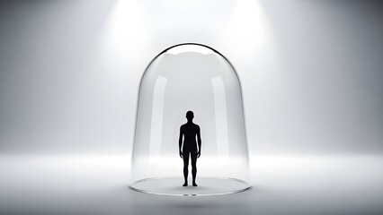 Obraz premium Silhouette of a person enclosed in a glass dome, symbolizing isolation, protection, and emotional separation in a minimalistic, light-filled space.