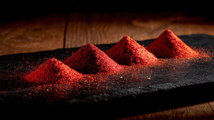 Crimson paprika powder forming delicate vibrant mounds on a dark textured surface