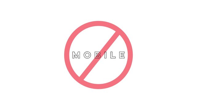 A red prohibition sign with a diagonal line across it is superimposed over the word MOBILE in black sans-serif font on a clean white background indicating a restriction on mobile phone usage
