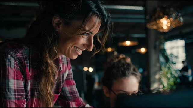 Focused female software engineer in plaid shirt debugging code on multiple screens in a dimly lit creative studio or startup office.