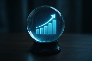 Prediction growth forecast analytics insight trend crystal ball hologram showing rising bar graph representing future business trend and confident mood lighting