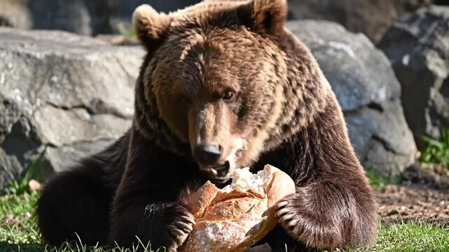 Grizzly bear enthusiastically enjoying a large loaf of bread while resting on the ground in nature