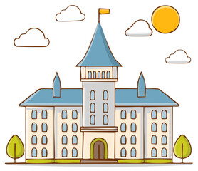 Fototapeta premium Illustration of a cartoon building with a tower, clouds, sun, and trees.