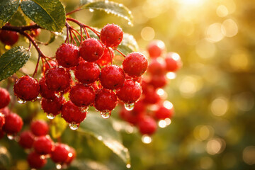 Red berry cluster dew leaf sunlight golden morning light with water droplets on berry warm bokeh background conveying freshness and calm