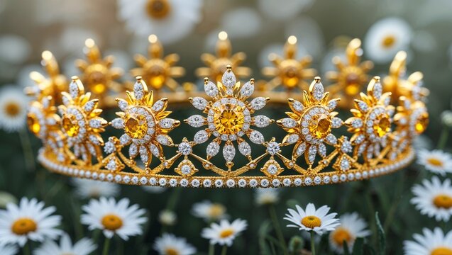 Radiant canary diamond sunny crown tiara in yellow gold bright on daisy field soft blur