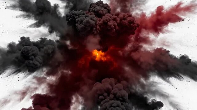 Dramatic burst of fiery orange light surrounded by swirling smoke and clouds.