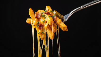 Fork holding loaded cheese fries with melted cheddar, bacon and jalapenos isolated on black background