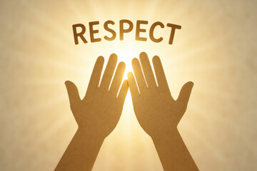 Respect hands high five mutual admiration teamwork uplifting composition to show cooperation and inclusion with paper hand silhouette and warm glowing light