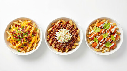 Three bowls of gourmet loaded french fries with bacon cheese, pulled pork, and buffalo chicken toppings, isolated on white background