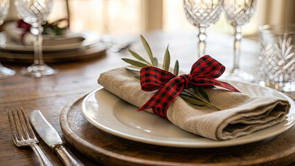 Rustic holiday table setting with linen napkin, red plaid bow, and olive branch on wooden table