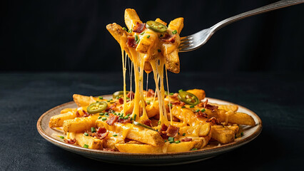 Fork lifting hot loaded cheese fries with bacon bits and jalapenos from a plate