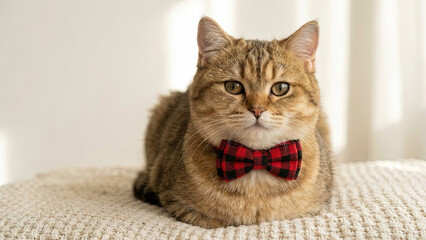 Cute golden British Shorthair cat wearing a red plaid bowtie sitting on a knitted blanket indoors
