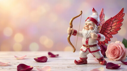 Valentine's Day cupid gnome figurine with bow and wings on wooden table with rose petals and bokeh background
