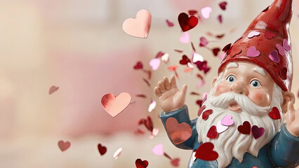 Cute Garden Gnome Celebrating Valentine's Day with Falling Red and Pink Heart Confetti in a Soft Focus Setting
