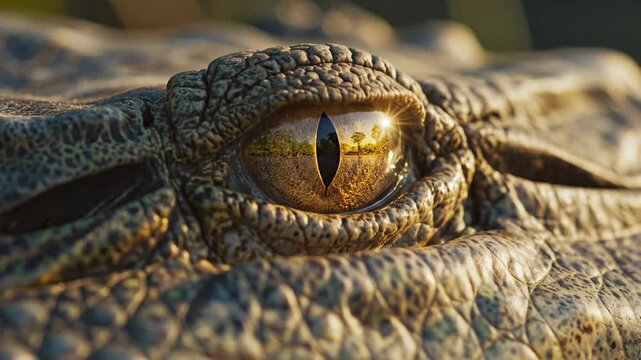 Close-up of a crocodiles eye, showcasing its intricate scales and golden iris in detail.
