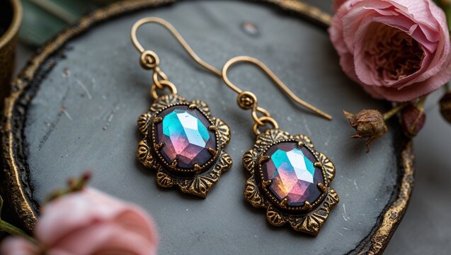 Rose cut spectrolite flash antique drop earrings in oxidized gold vintage on aged brass patina