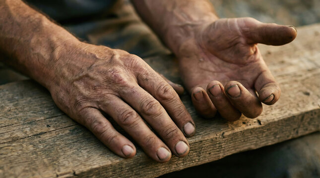 Close up of tired dirty worker hands resting on rough wooden surface after hard manual labor