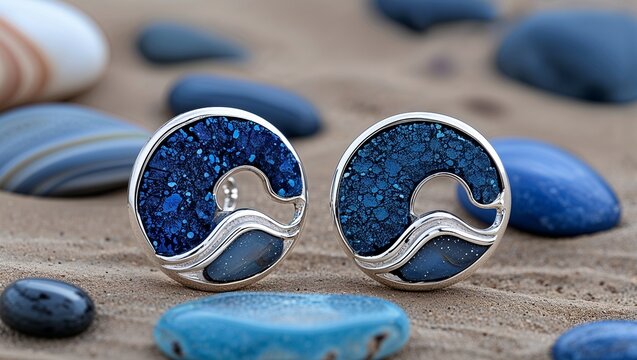 Round azurite druzy wave stud earrings in sterling silver beach on ocean blue pebble scatter